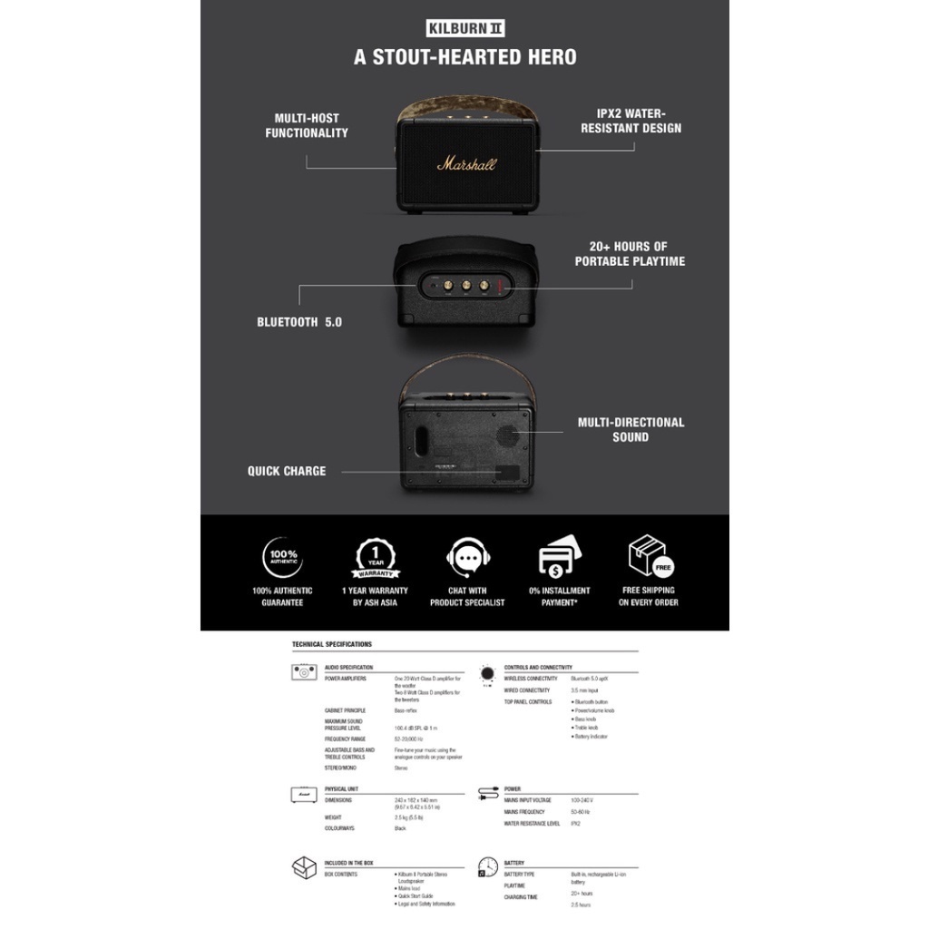MARSHALL KILBURN II BLACK & BRASS - loa bluetooth, loa di động