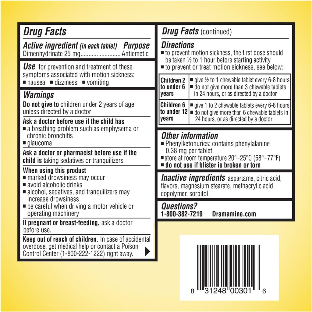 8 viên uống/nhai Dramamine Motion Sickness giảm say tàu xe