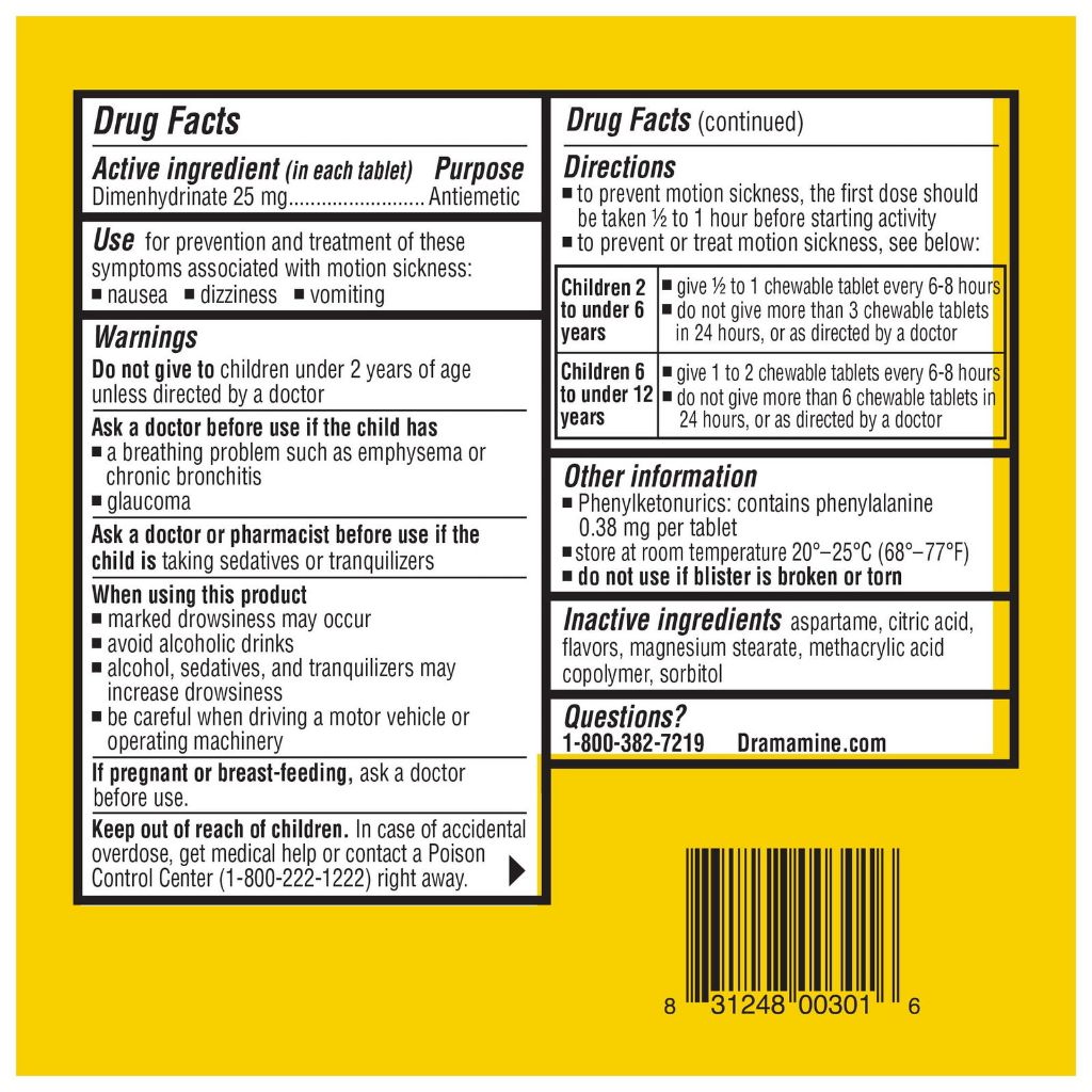 8 viên uống/nhai Dramamine Motion Sickness giảm say tàu xe