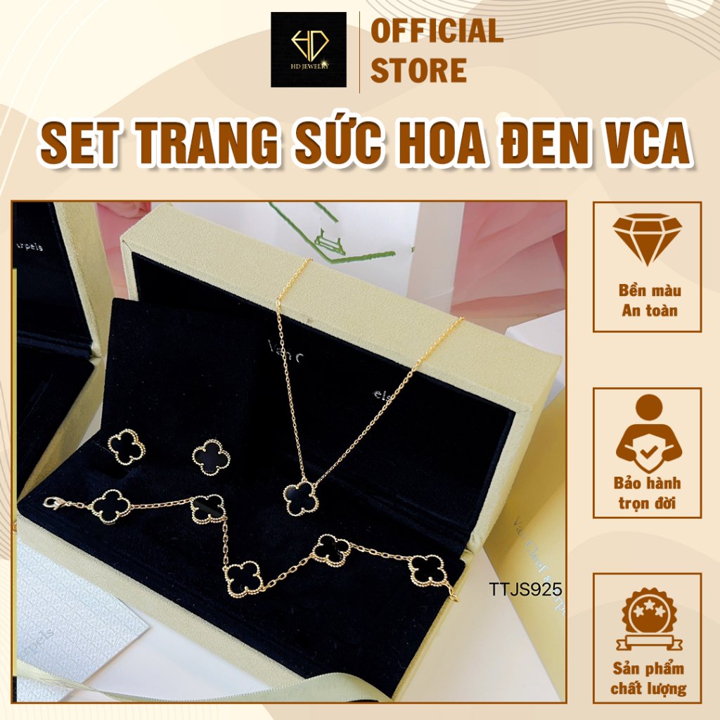 Bộ Trang Sức Hoa Đen Vàng Hồng HD Jewelry - Set Trang Sức 3 Món Bông Tai, Lắc Tay, Dây Chuyền Quý Phái