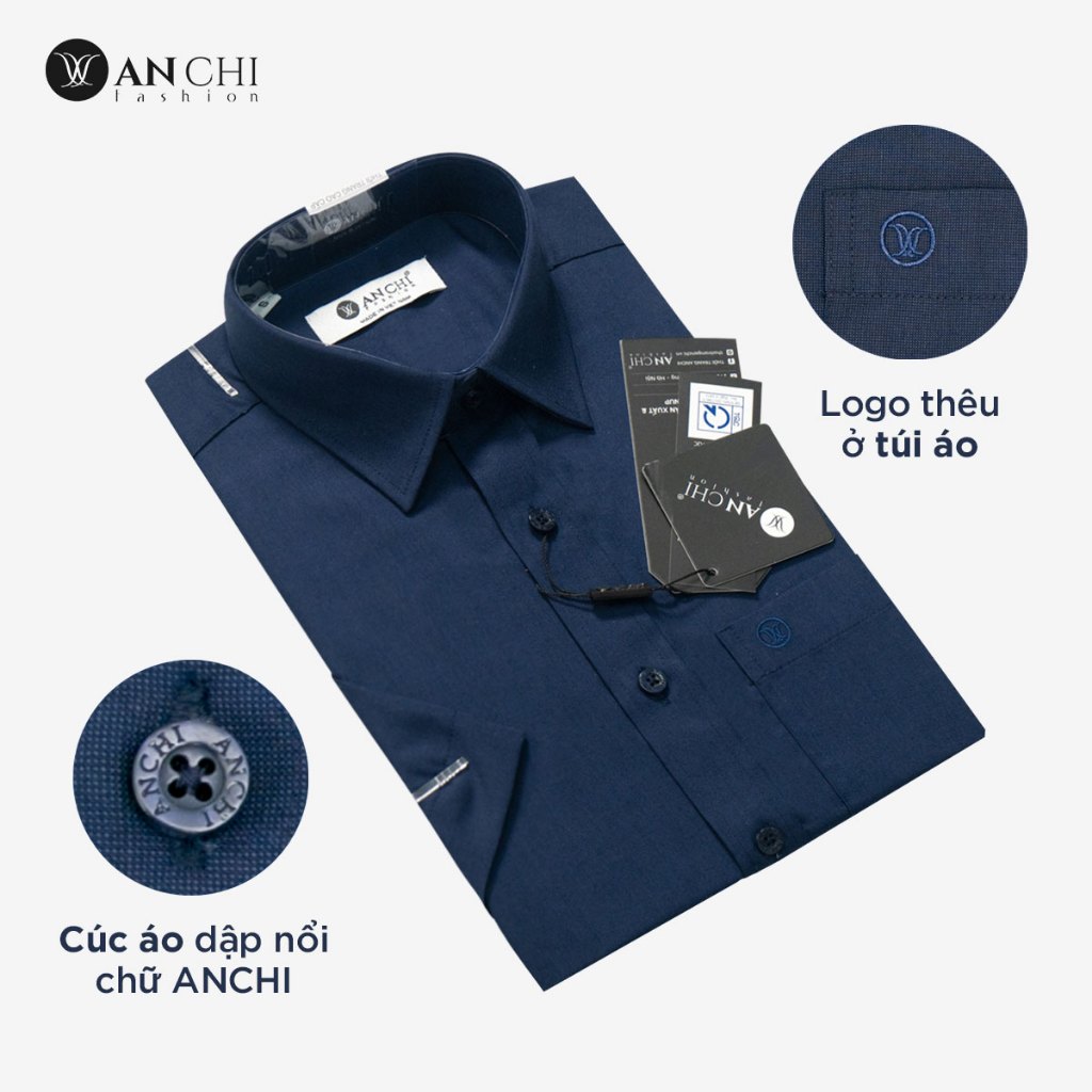 Áo Sơ Mi Nam Dài Tay Trung Niên ANCHI Màu Xanh Than Trơn Vải Sợi Tre Cao Cấp