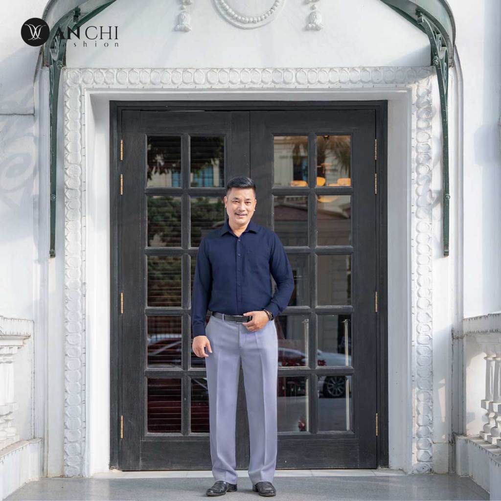 Áo Sơ Mi Nam Dài Tay Trung Niên ANCHI Màu Xanh Than Trơn Vải Sợi Tre Cao Cấp