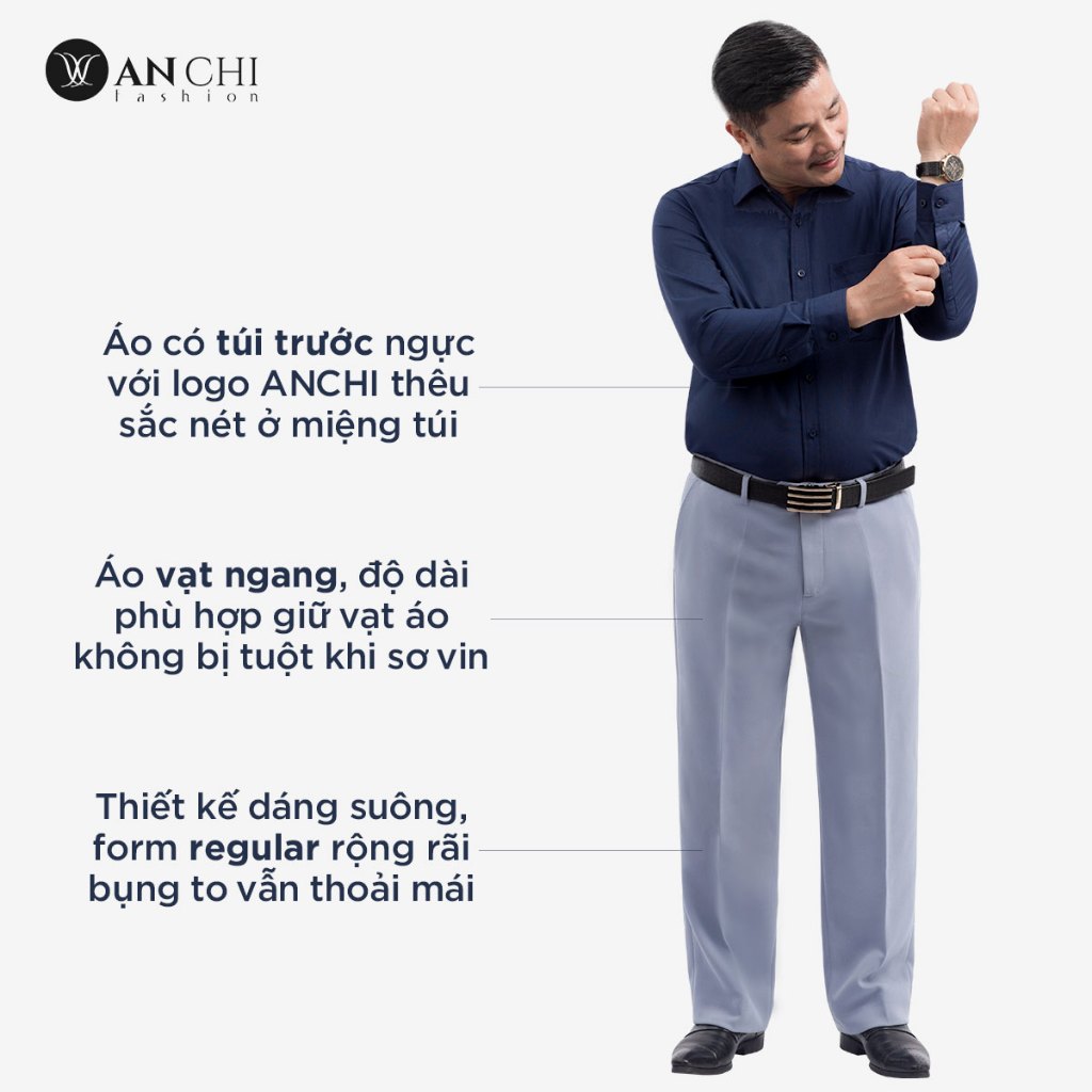 Áo Sơ Mi Nam Dài Tay Trung Niên ANCHI Màu Xanh Than Trơn Vải Sợi Tre Cao Cấp