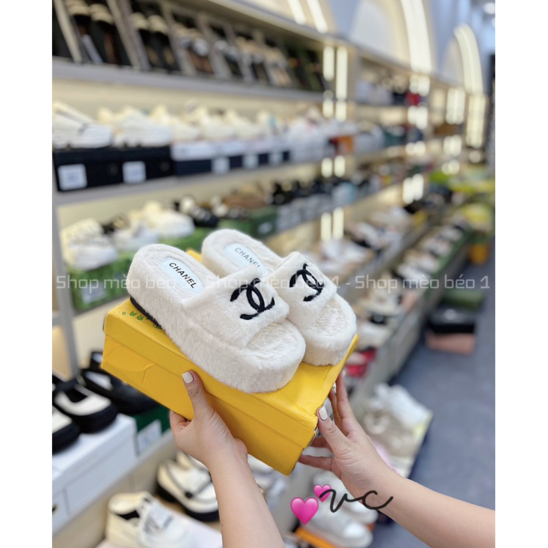 Dép lông cn quai ngang logo thêu đế cao fullbox hàng quảng châu cao cấp