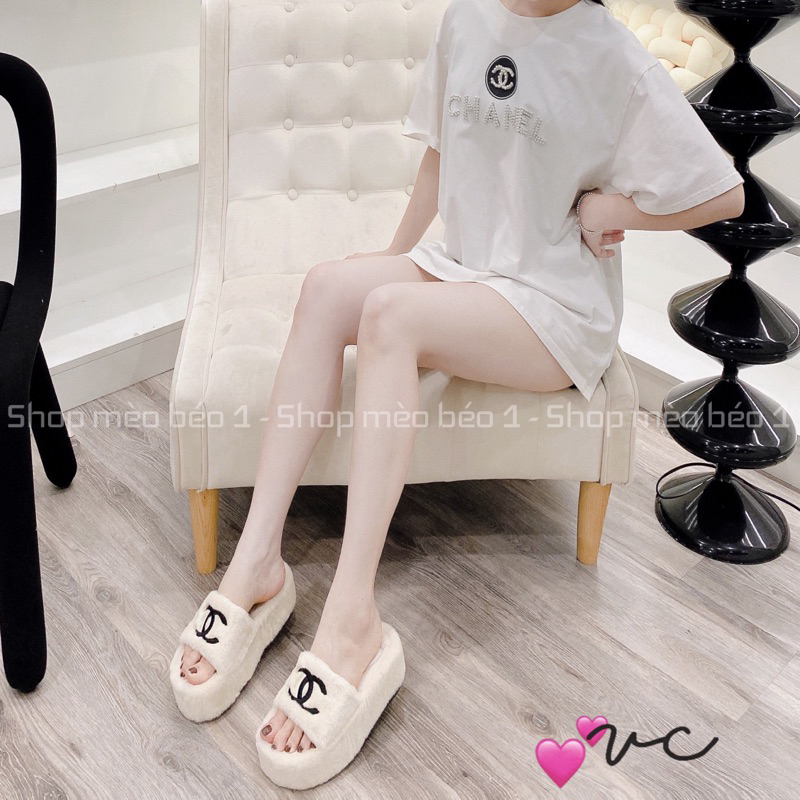 Dép lông cn quai ngang logo thêu đế cao fullbox hàng quảng châu cao cấp