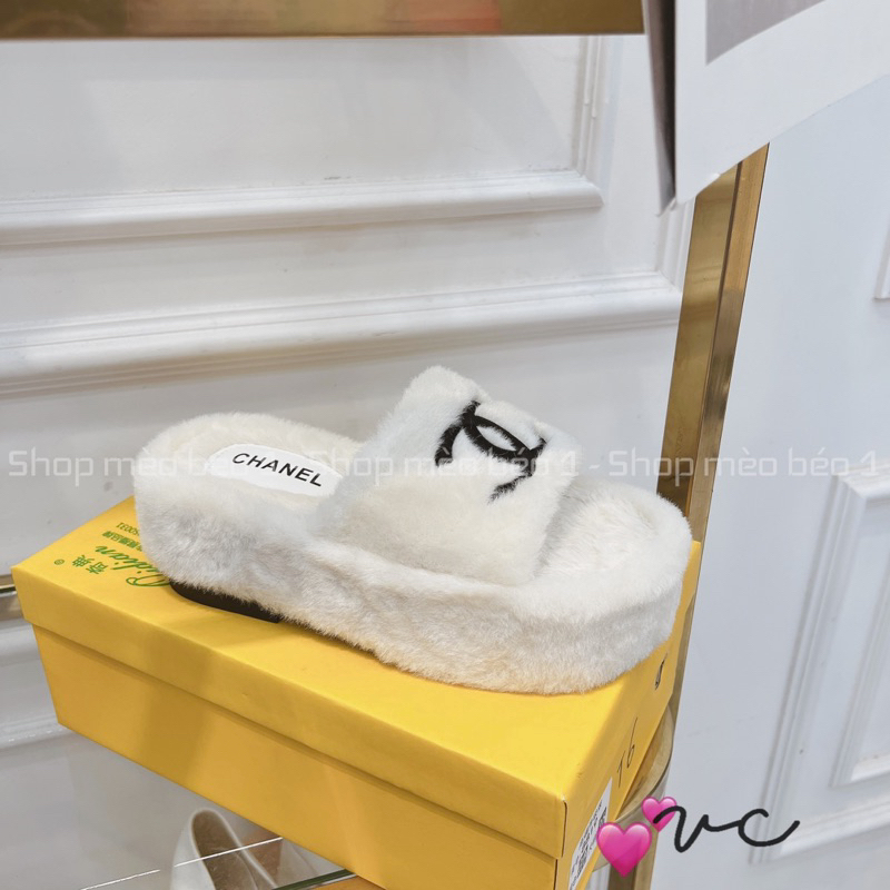 Dép lông cn quai ngang logo thêu đế cao fullbox hàng quảng châu cao cấp