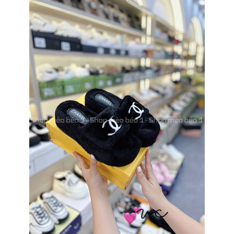 Dép lông cn quai ngang logo thêu đế cao fullbox hàng quảng châu cao cấp