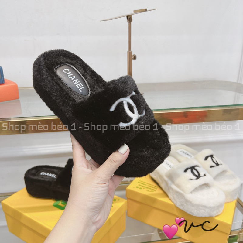 Dép lông cn quai ngang logo thêu đế cao fullbox hàng quảng châu cao cấp