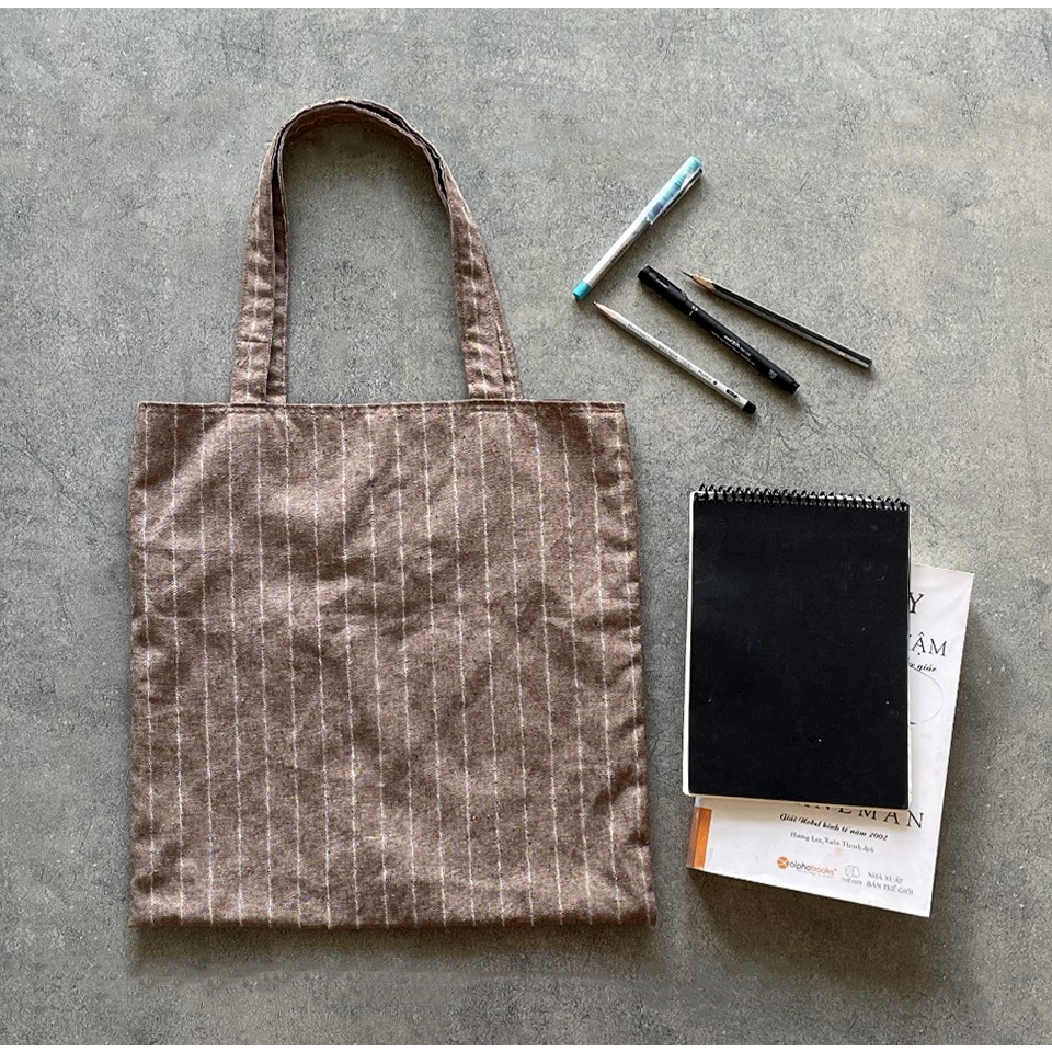 Túi Tote,Túi Vải Linen Vuông Sọc Nâu Phong Cách Vintage, Kích Thước Yêu Cầu