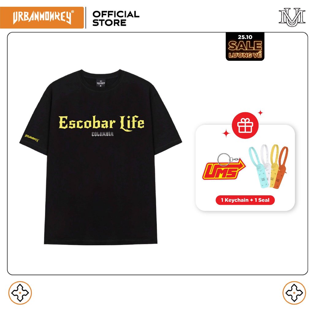 Áo Thun URBAN MONKEY < ESCOBAR TEE > Cotton 2 Chiều Thoáng Mát Hình In Cán Lụa Form Regular Phối Màu Đen