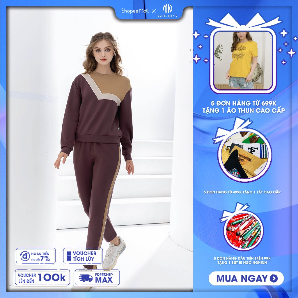 Đồ Bộ Thu Đông Nữ MARINA NGUYỄN Phối Viền Trẻ Trung, Cá Tính, Vải Cotton Mềm Mịn, Thấm Hút Mồ Hôi Tốt - 822025