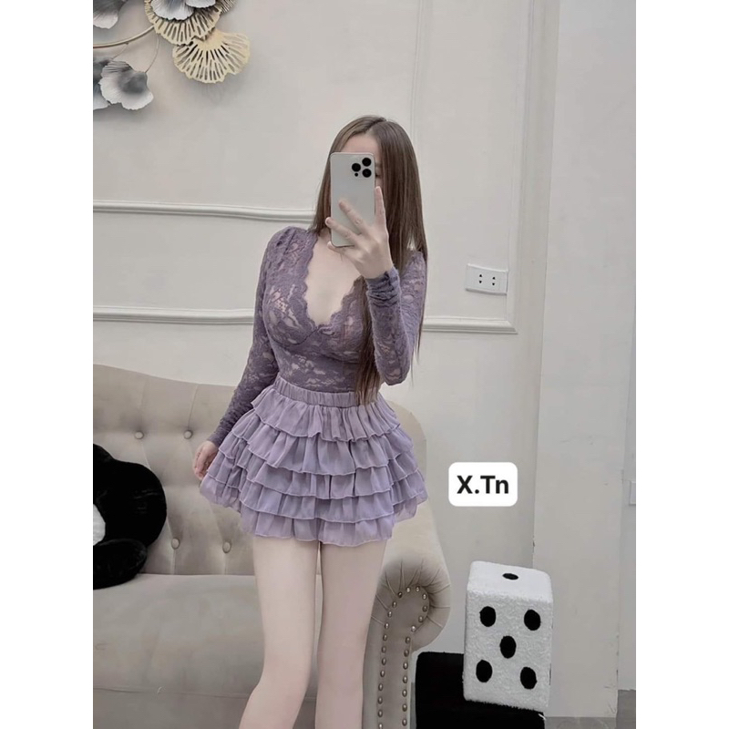 Set áo ren cổ V kèm chân vaý voan tầng - Bộ 2 món áo ren tay dài kèm chân váy tầng