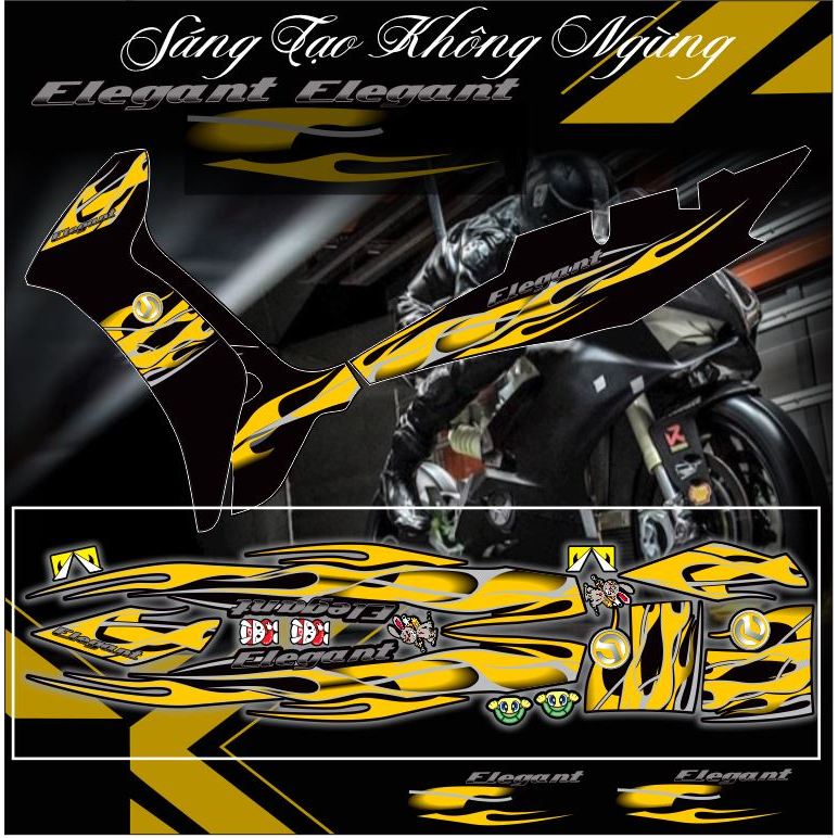 Tem xe Elegant mẫu tem lửa đủ màu dán xe dàn áo màu đen đẹp