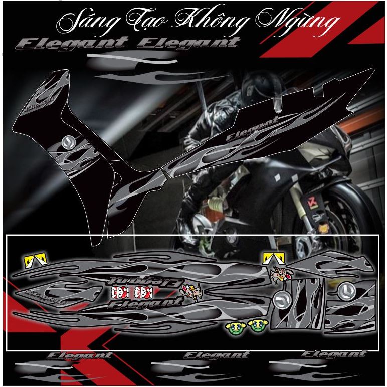 Tem xe Elegant mẫu tem lửa đủ màu dán xe dàn áo màu đen đẹp