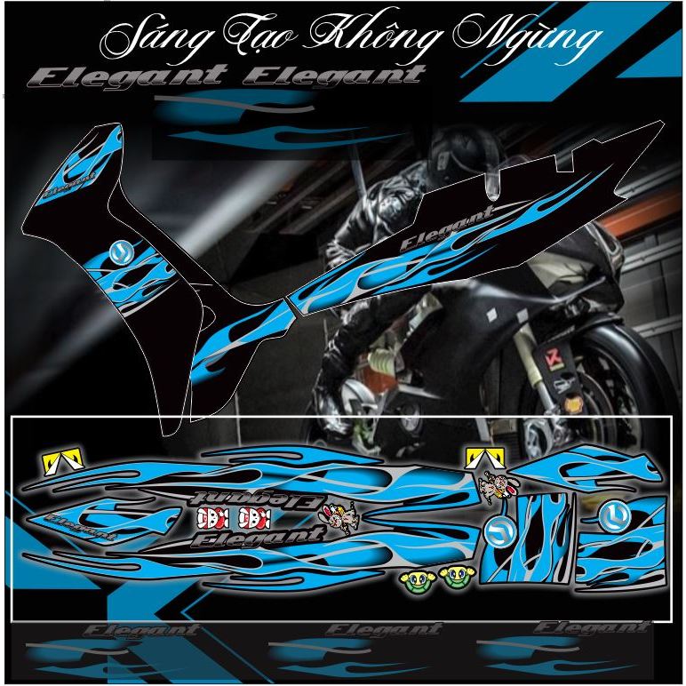 Tem xe Elegant mẫu tem lửa đủ màu dán xe dàn áo màu đen đẹp