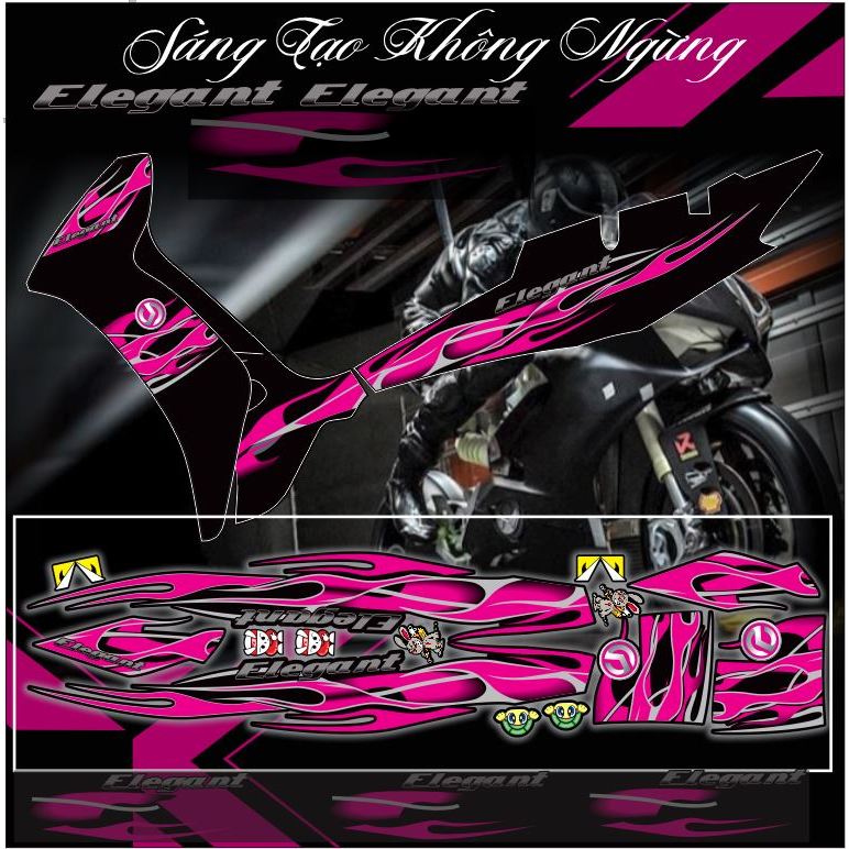 Tem xe Elegant mẫu tem lửa đủ màu dán xe dàn áo màu đen đẹp