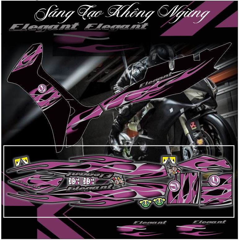 Tem xe Elegant mẫu tem lửa đủ màu dán xe dàn áo màu đen đẹp