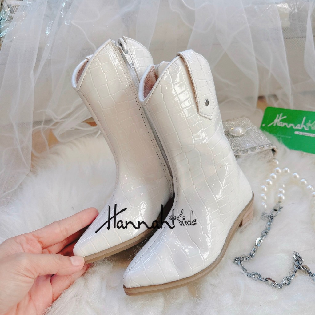Boot Da Trắng Cao Gót Cổ Cao Sành Điệu Cho Bé Gái Size 23-36, Boot Da Trắng Cao Bồi Thời Trang Cho Bé Gái HANNAH KIDS
