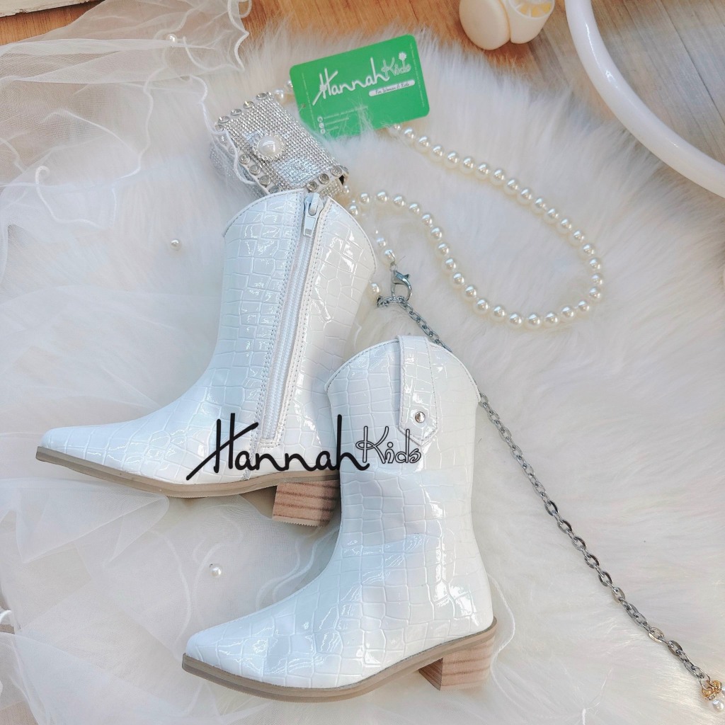 Boot Da Trắng Cao Gót Cổ Cao Sành Điệu Cho Bé Gái Size 23-36, Boot Da Trắng Cao Bồi Thời Trang Cho Bé Gái HANNAH KIDS