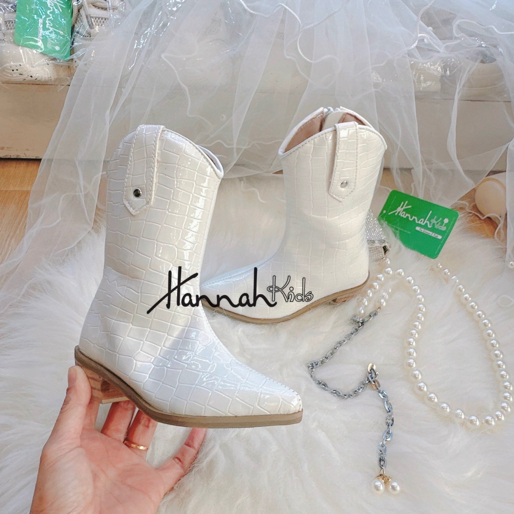Boot Da Trắng Cao Gót Cổ Cao Sành Điệu Cho Bé Gái Size 23-36, Boot Da Trắng Cao Bồi Thời Trang Cho Bé Gái HANNAH KIDS
