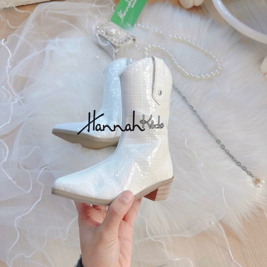 Boot Da Trắng Cao Gót Cổ Cao Sành Điệu Cho Bé Gái Size 23-36, Boot Da Trắng Cao Bồi Thời Trang Cho Bé Gái HANNAH KIDS