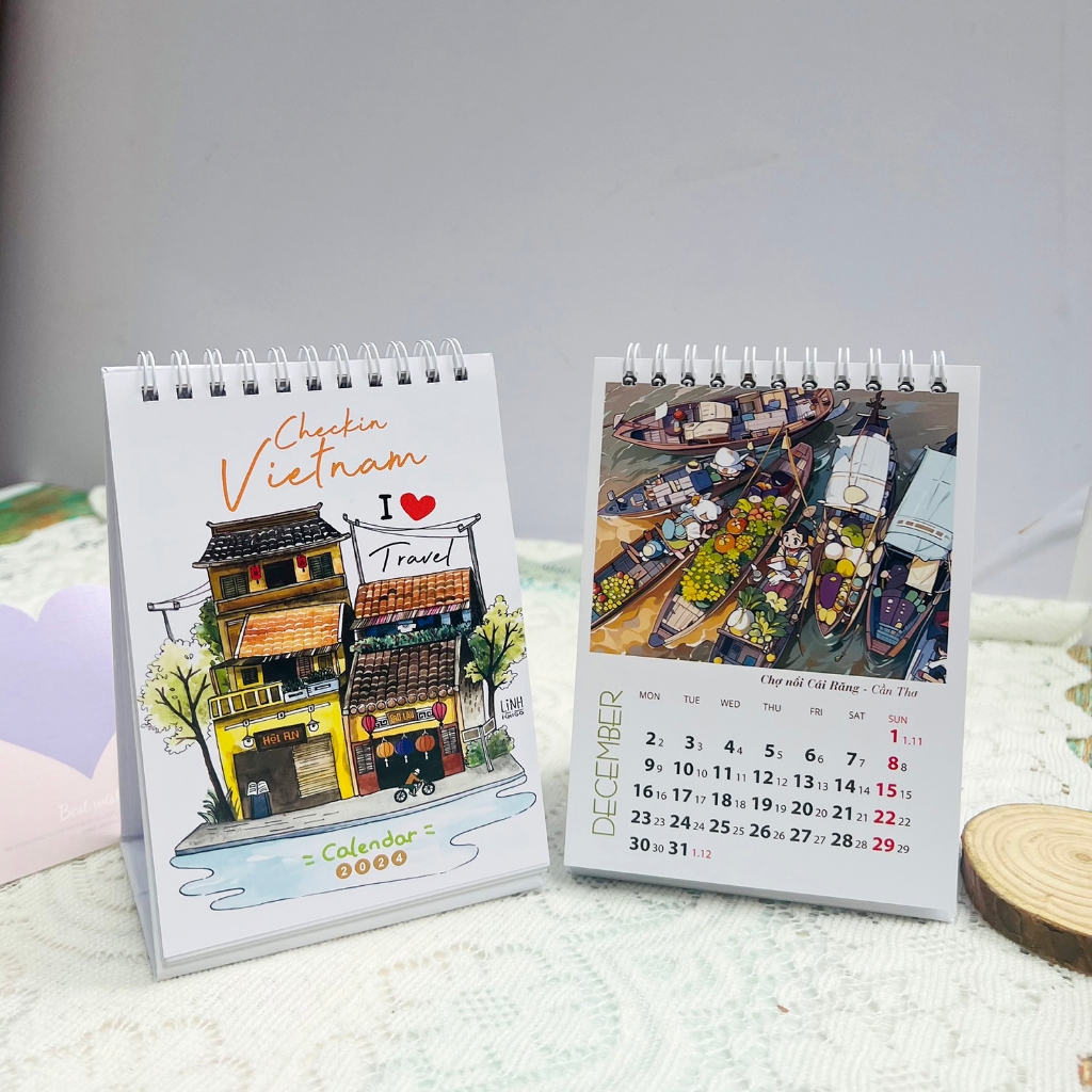 Lịch để bàn mini 2024 dễ thương có ghi chú trang trí bàn học decor văn phòng có ngày âm
