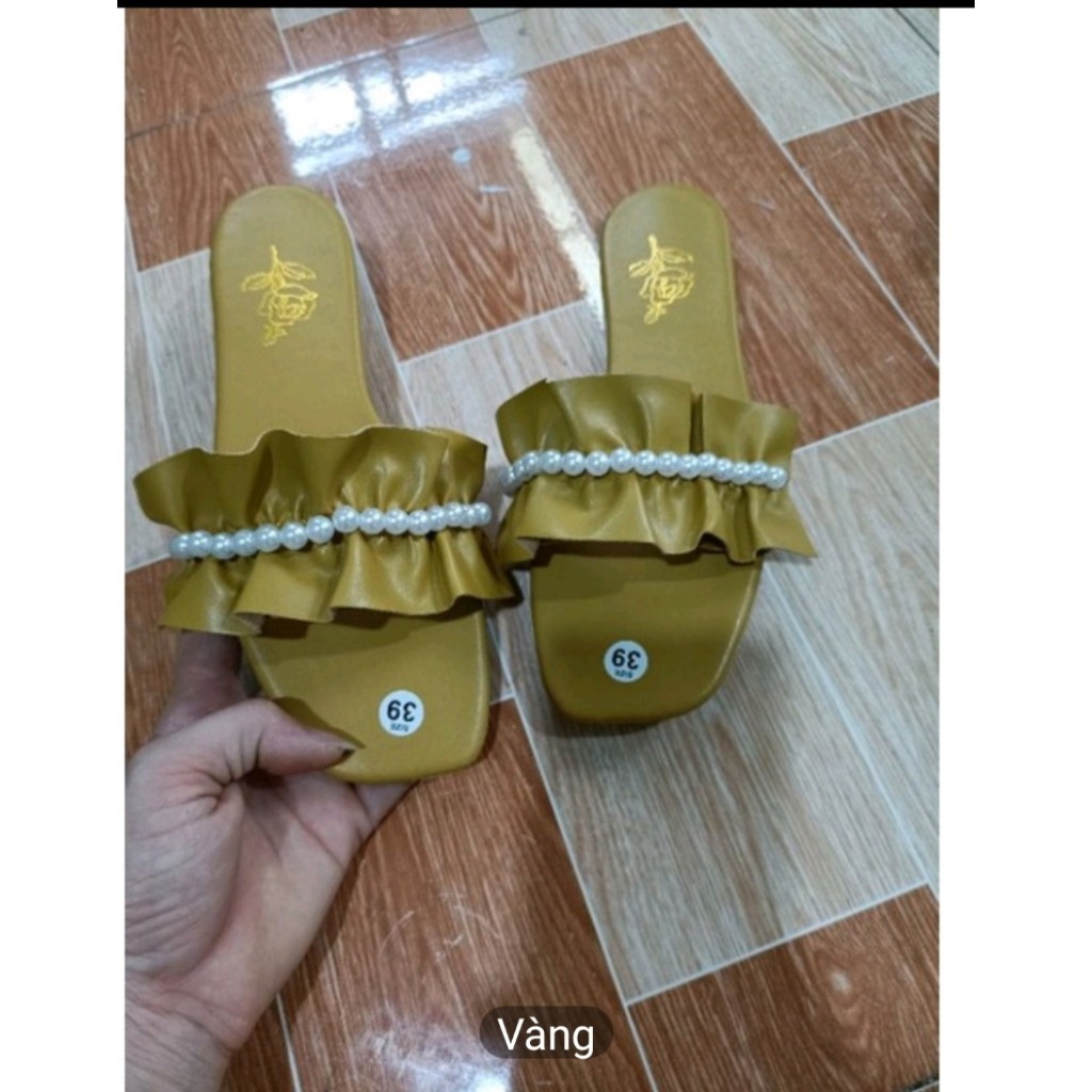 Dép nữ quai ngang thời trang nhún bèo đính ngọc tiểu thư