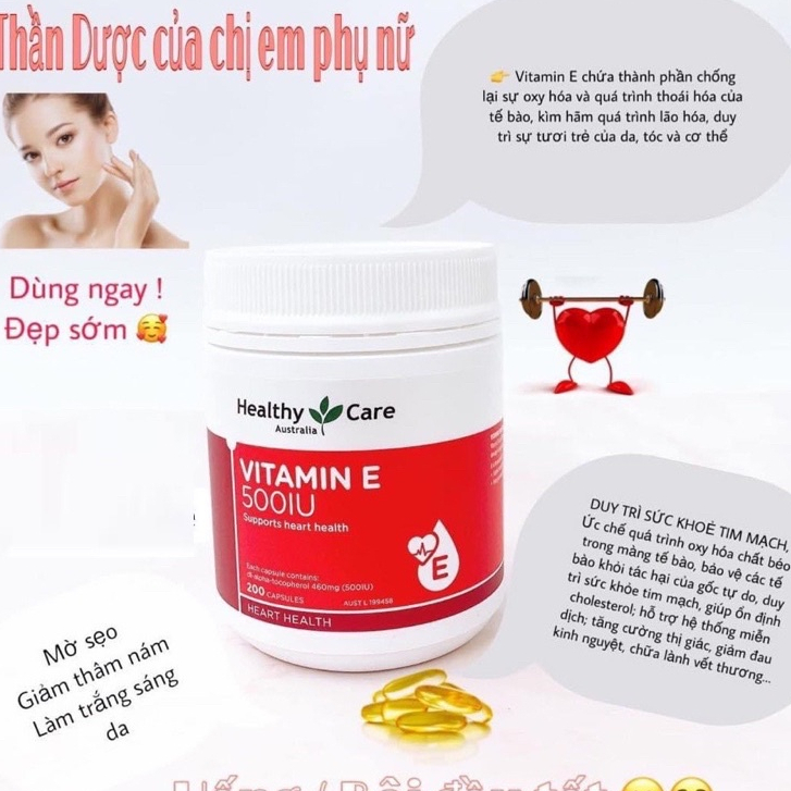 Vitamin E HÀNG ÚC Healthy Care 500IU hộp 200 viên- viên uống đẹp da, hỗ trợ sức khỏe tim mạch...