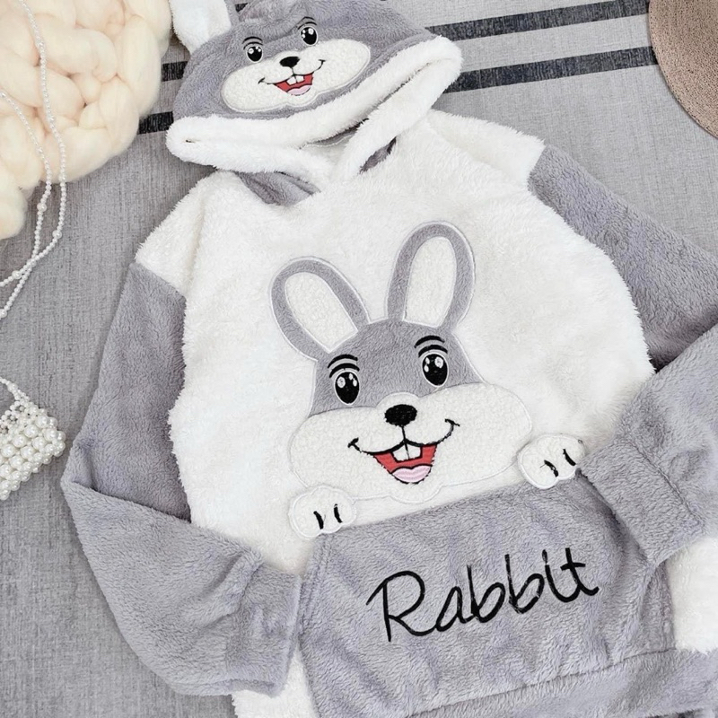 Sét Bộ Lông Thỏ Xám Có Mũ Gồm Áo Và Quần