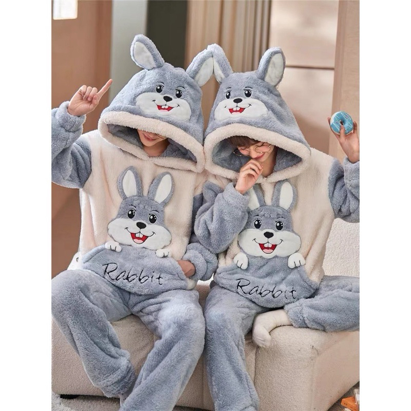 Sét Bộ Lông Thỏ Xám Có Mũ Gồm Áo Và Quần