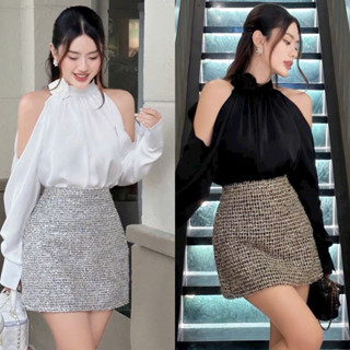  BIGSIZETIX Set áo yếm phối hoa cổ thiết kế tay dài khoét vai kèm chân váy dạ nhũ lấp lánh 50-90kg 