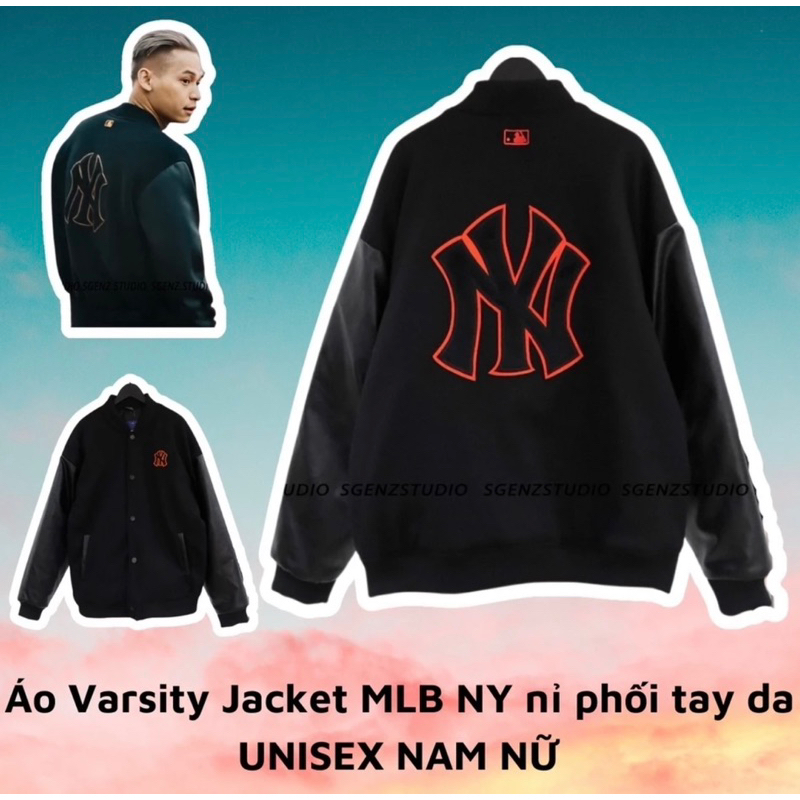 Áo Bomber Nam Nữ Chất Dạ Phối Tay Da - Áo Varsity Jacket Bóng Chày MLB NY Dày Dặn