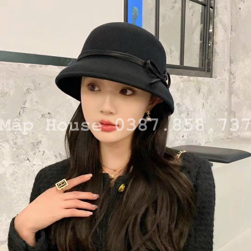 Mũ bucket dạ lồng đèn đai lông tiểu thư cao cấp thu đông 2023