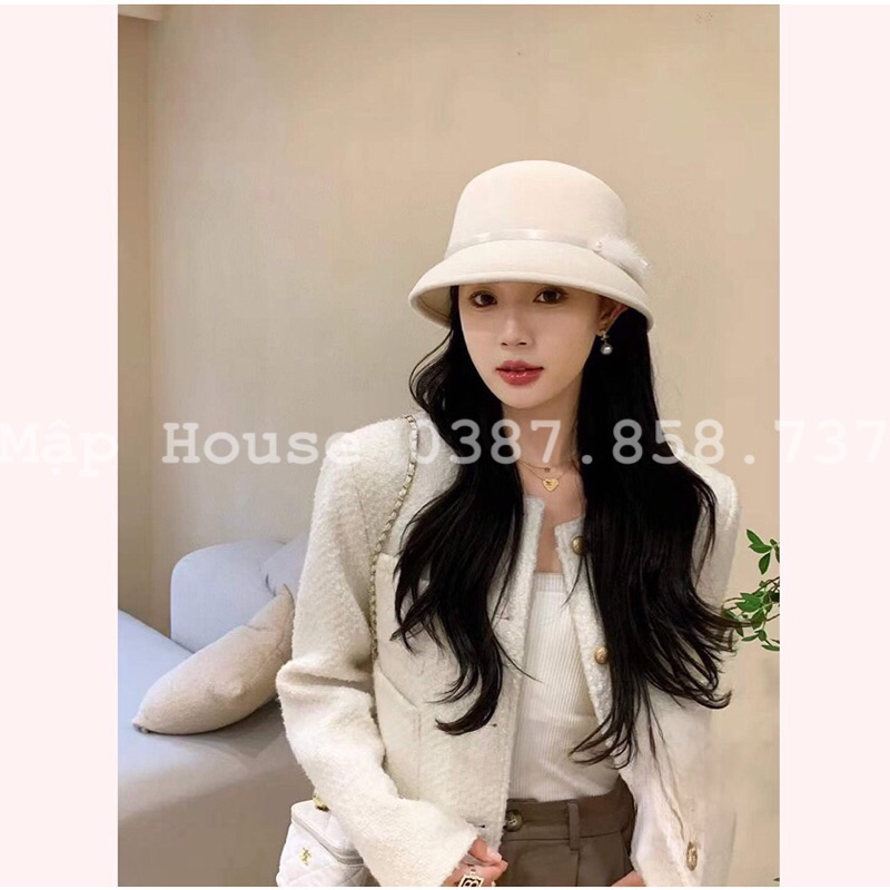 Mũ bucket dạ lồng đèn đai lông tiểu thư cao cấp thu đông 2023