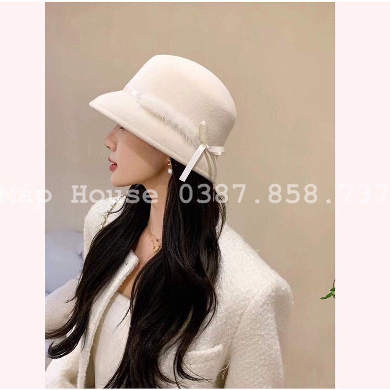 Mũ bucket dạ lồng đèn đai lông tiểu thư cao cấp thu đông 2023