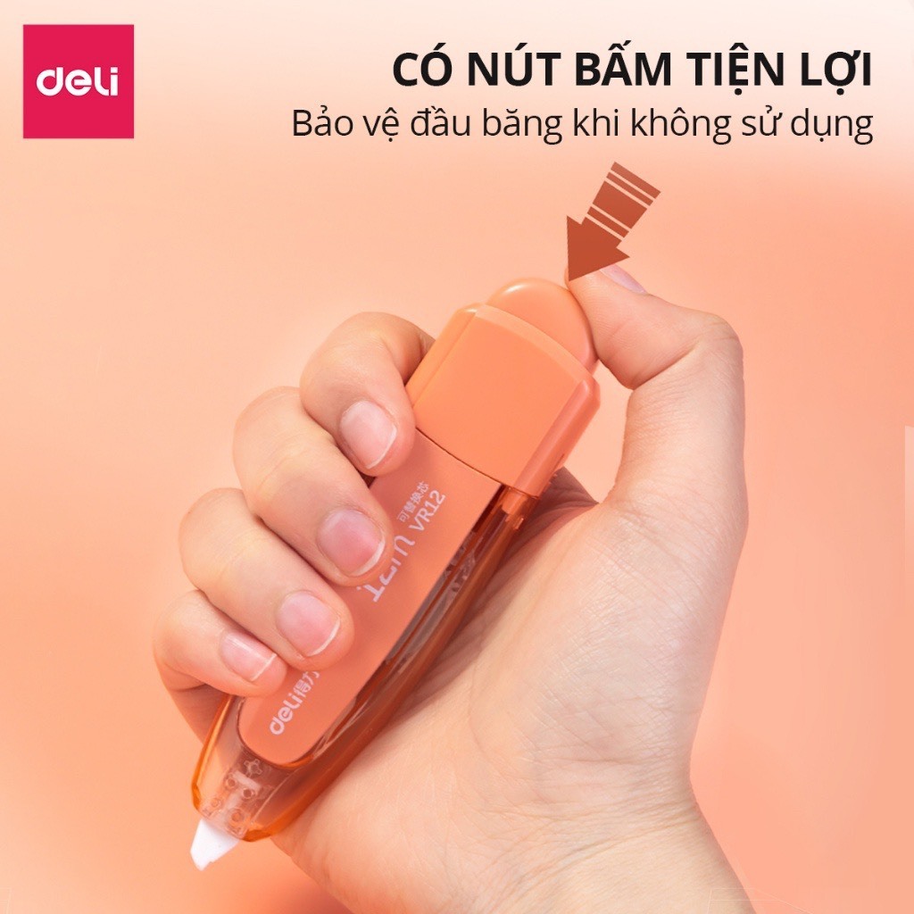 Bút Xóa Băng Có Nút Bấm 12M Deli - Xóa Sạch Phủ Kín Khô Nhanh Viết Đè Lên Ngay - Băng Xoá Kéo Cho Học Sinh Văn Phòng