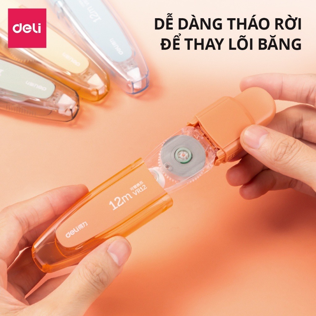 Bút Xóa Băng Có Nút Bấm 12M Deli - Xóa Sạch Phủ Kín Khô Nhanh Viết Đè Lên Ngay - Băng Xoá Kéo Cho Học Sinh Văn Phòng