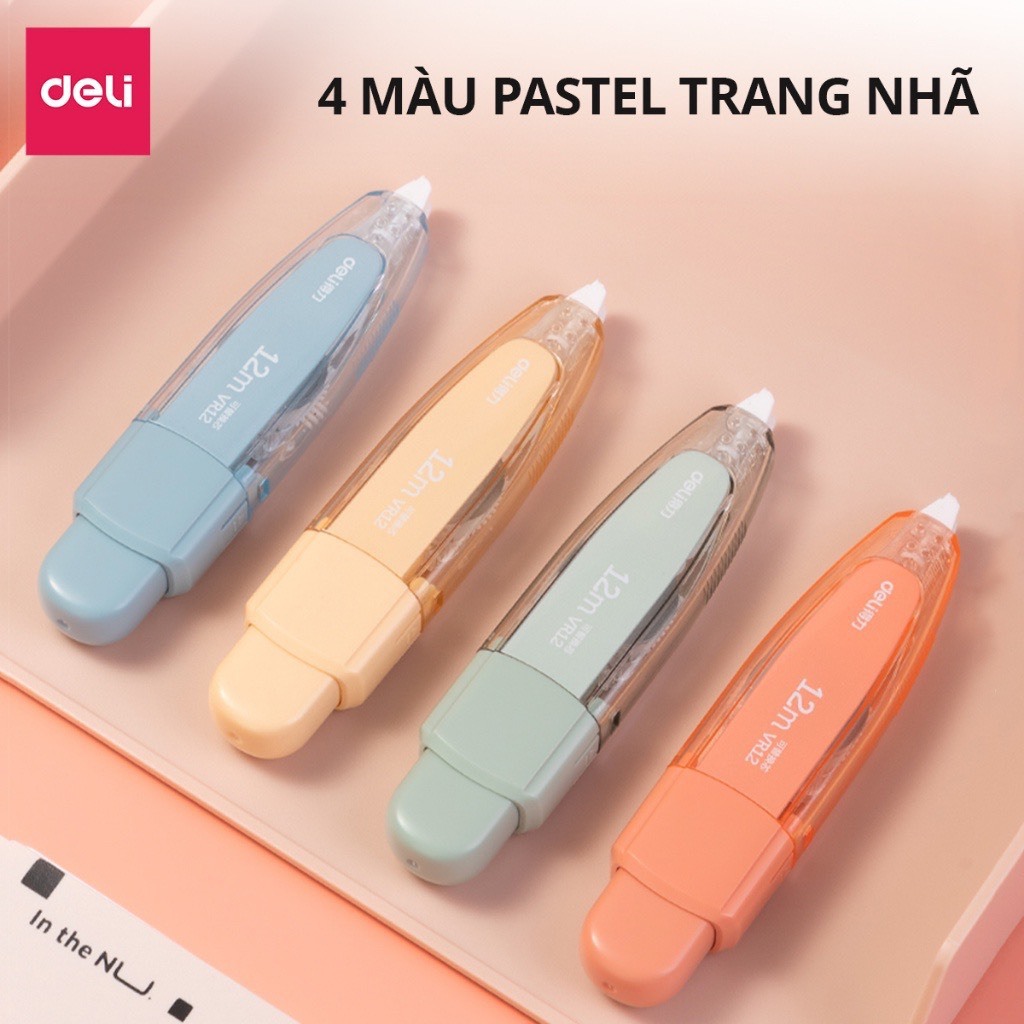 Bút Xóa Băng Có Nút Bấm 12M Deli - Xóa Sạch Phủ Kín Khô Nhanh Viết Đè Lên Ngay - Băng Xoá Kéo Cho Học Sinh Văn Phòng