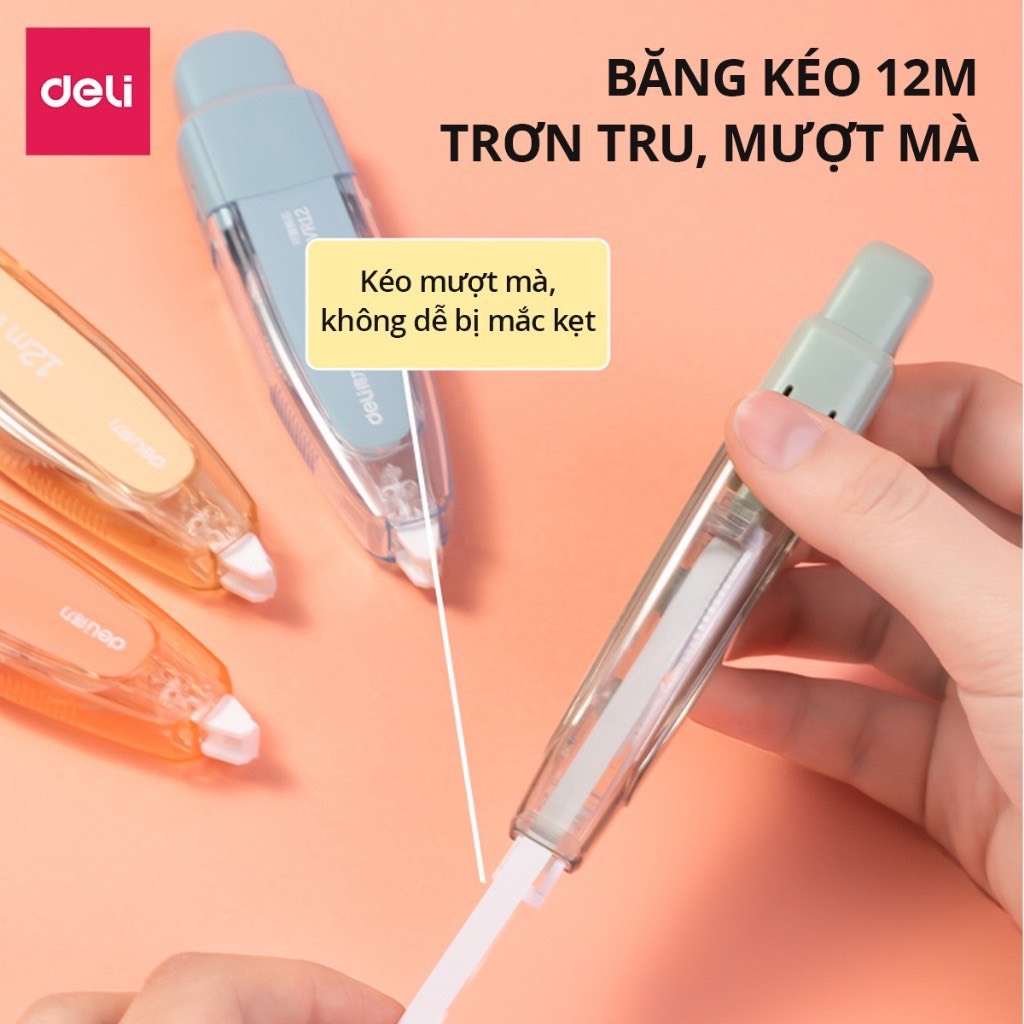 Bút Xóa Băng Có Nút Bấm 12M Deli - Xóa Sạch Phủ Kín Khô Nhanh Viết Đè Lên Ngay - Băng Xoá Kéo Cho Học Sinh Văn Phòng