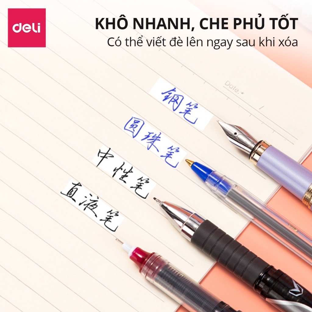 Bút Xóa Băng Có Nút Bấm 12M Deli - Xóa Sạch Phủ Kín Khô Nhanh Viết Đè Lên Ngay - Băng Xoá Kéo Cho Học Sinh Văn Phòng