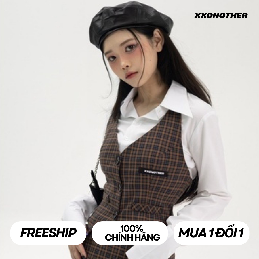 Set Áo Gile Và Chân Váy Kẻ Nâu | HERRINGBONE SET - BROWN