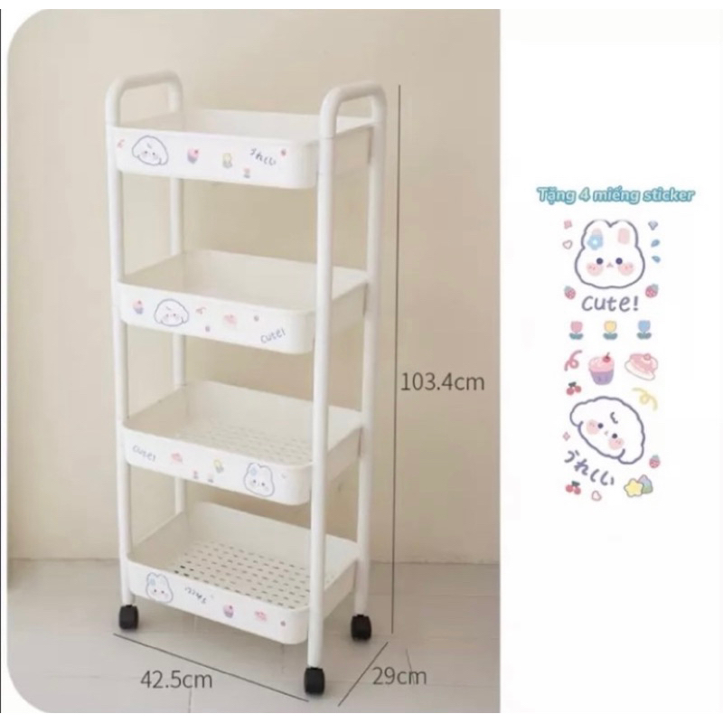 Kệ Đựng Đồ Đa Năng Giỏ Để Đồ 3 Tầng 4 Tầng Có Bánh Xe Di Chuyển Tặng Kèm Sticker Dễ Thương