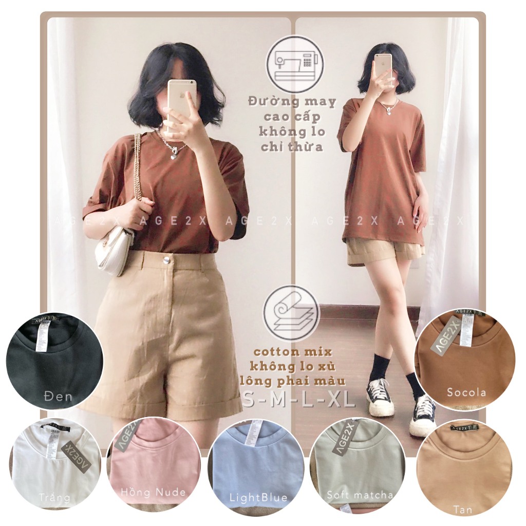 9 màu tone thu Áo thun trơn AGE2X siêu mềm mát, dầy dặn, siêu co giãn, siêu bền bỉ, chống nhăn, Unisex chất 83% 225gsm
