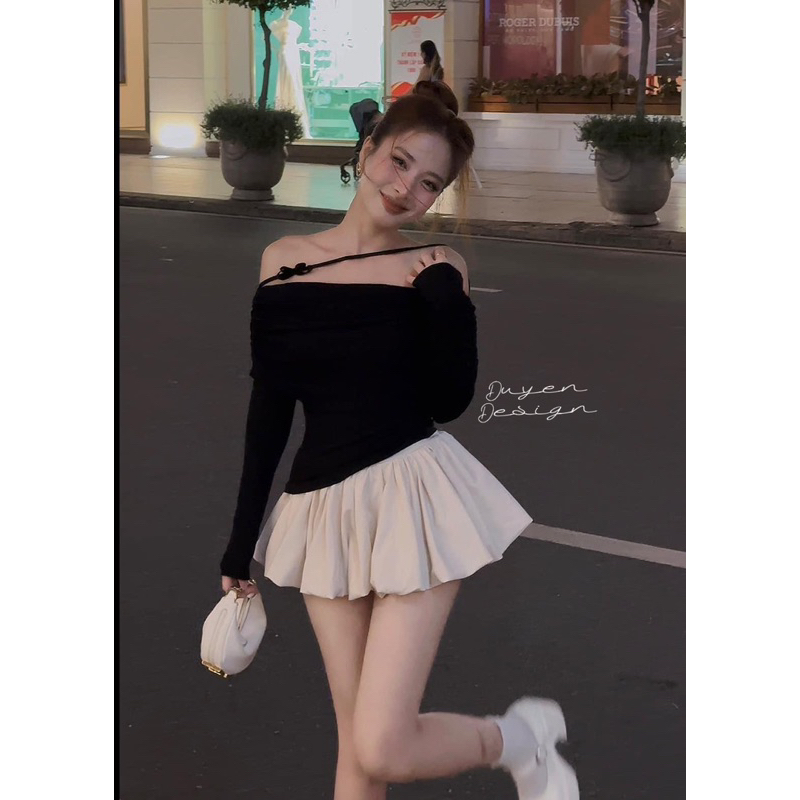 Áo trễ vai và quần bong siêu phồng set 2 món