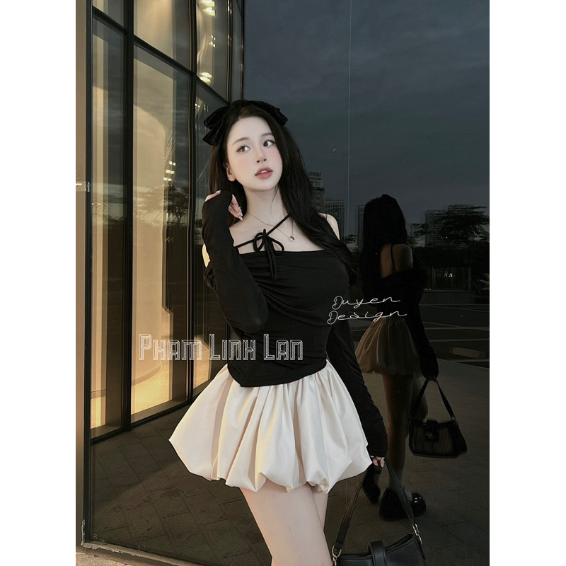 Áo trễ vai và quần bong siêu phồng set 2 món