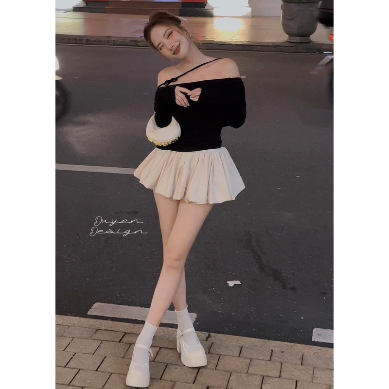 Áo trễ vai và quần bong siêu phồng set 2 món