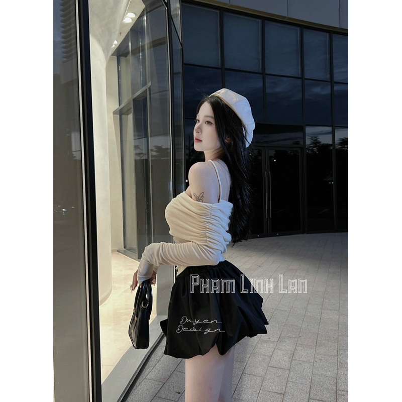 Áo trễ vai và quần bong siêu phồng set 2 món