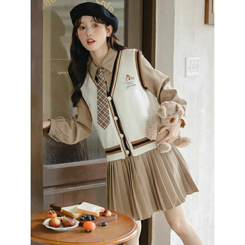 Đầm xoè dáng dài cổ vest phối gile dệt kim phong cách nữ sinh Hàn Quốc