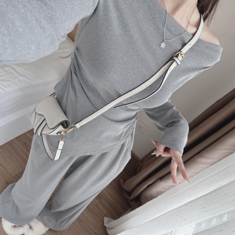 Set tăm hàn trễ vai vạt chéo quần suông hàng đẹp