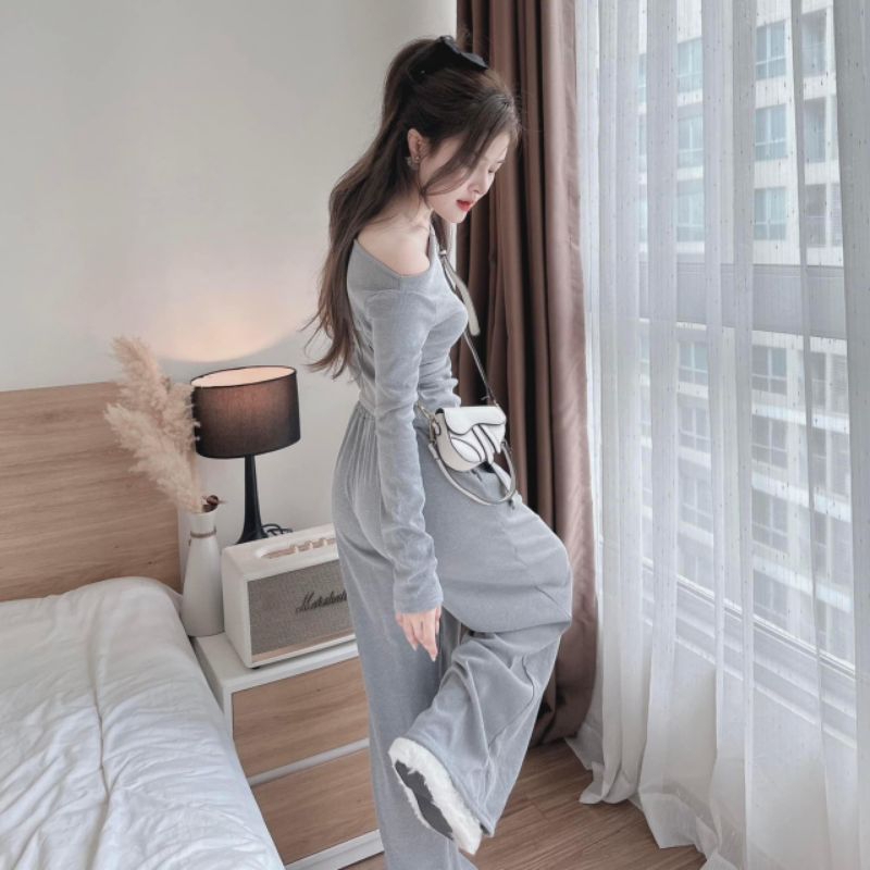 Set tăm hàn trễ vai vạt chéo quần suông hàng đẹp
